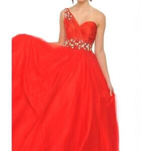 NEW PRECIOUS FORMALS jeweled one shoulder ball gown in red